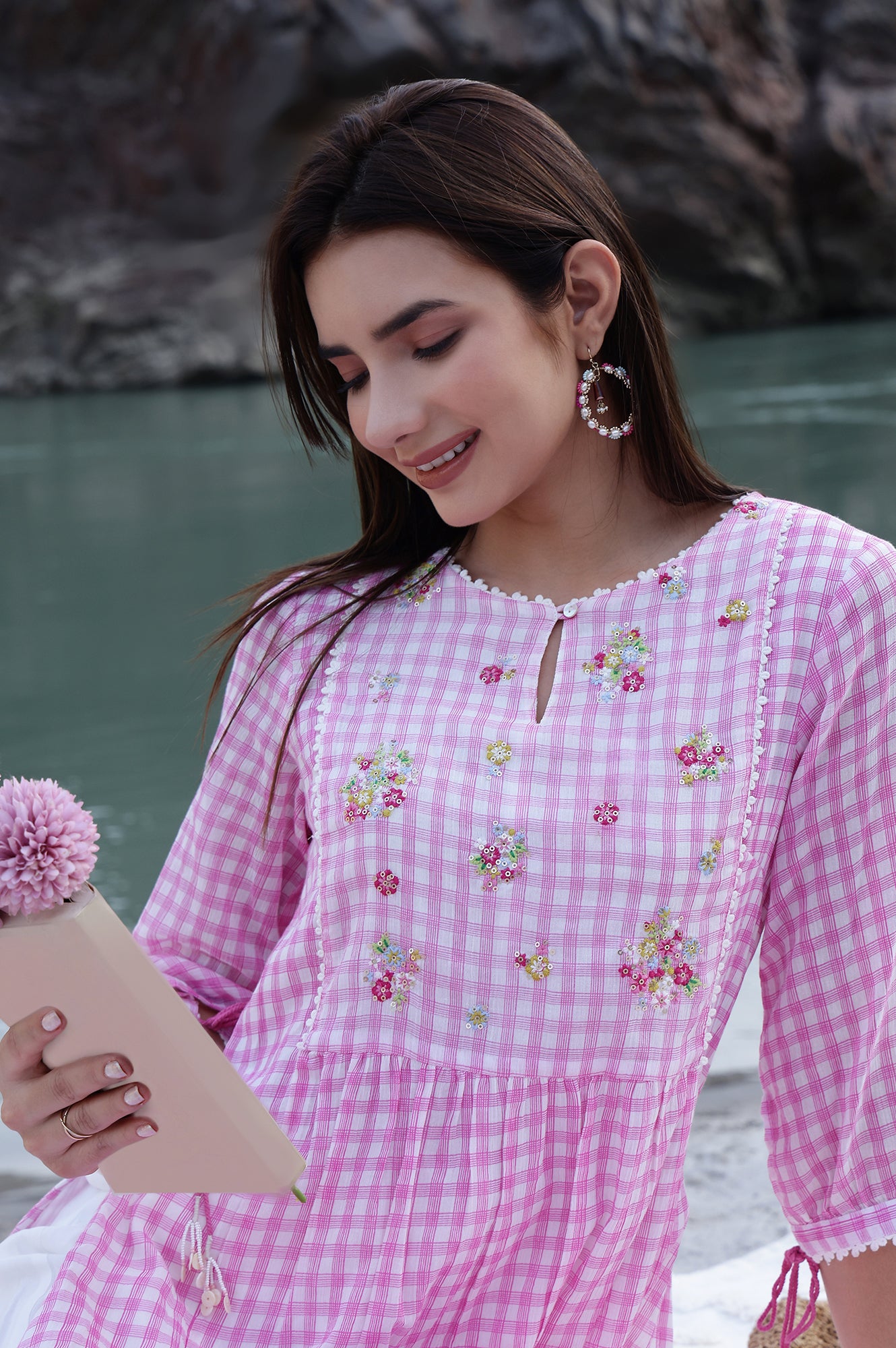 Pink and White Checker Cotton Crepe A-line Kurta with Embroidered Yoke