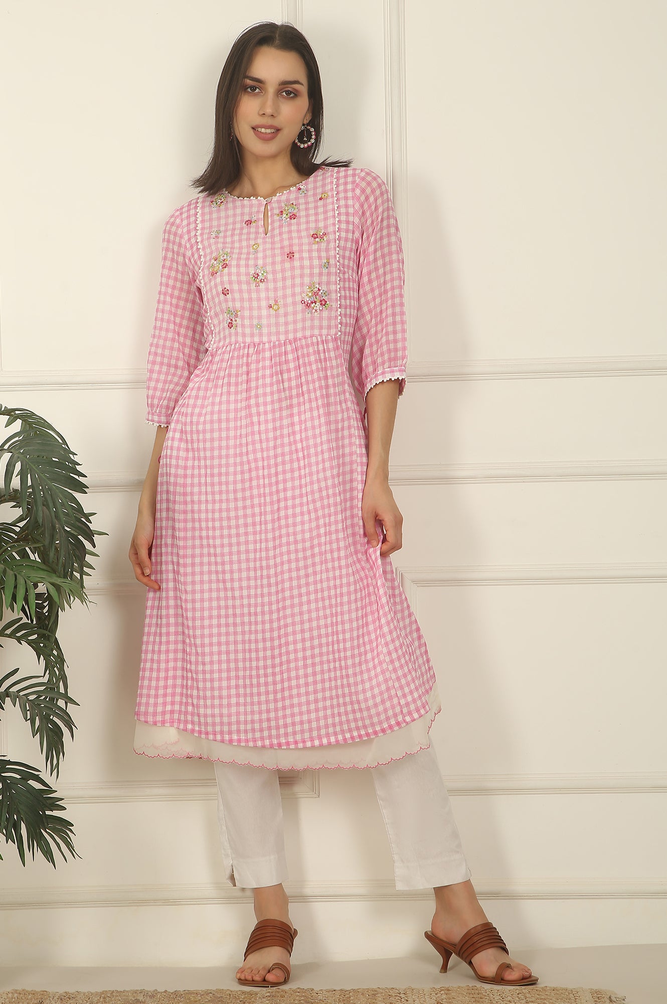 Pink and White Checker Cotton Crepe A-line Kurta with Embroidered Yoke