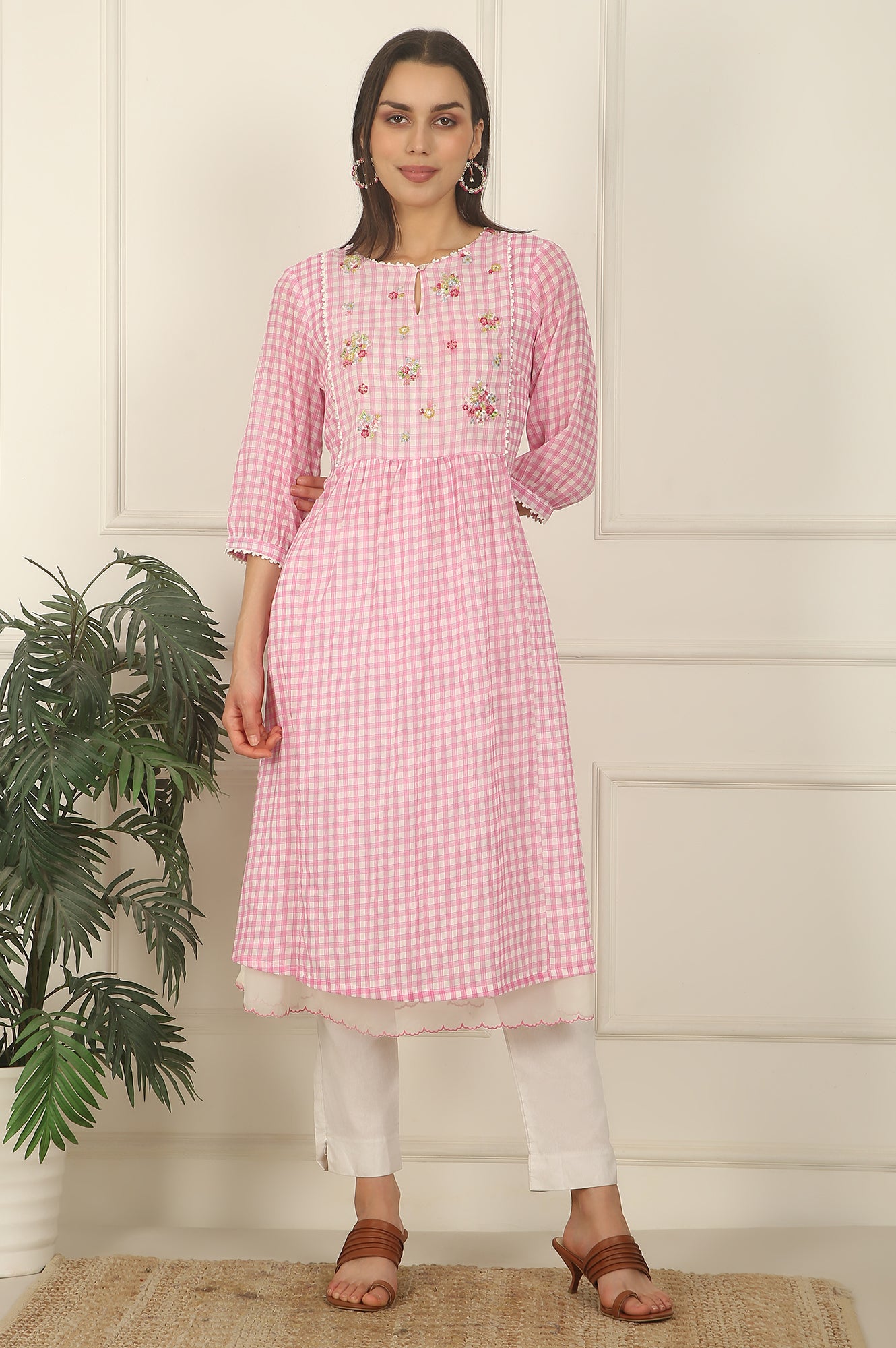 Pink and White Checker Cotton Crepe A-line Kurta with Embroidered Yoke