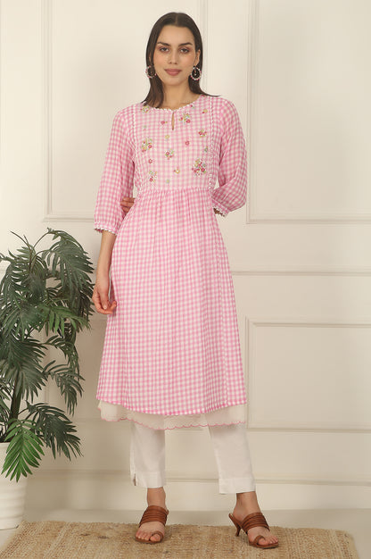 Pink and White Checker Cotton Crepe A-line Kurta with Embroidered Yoke