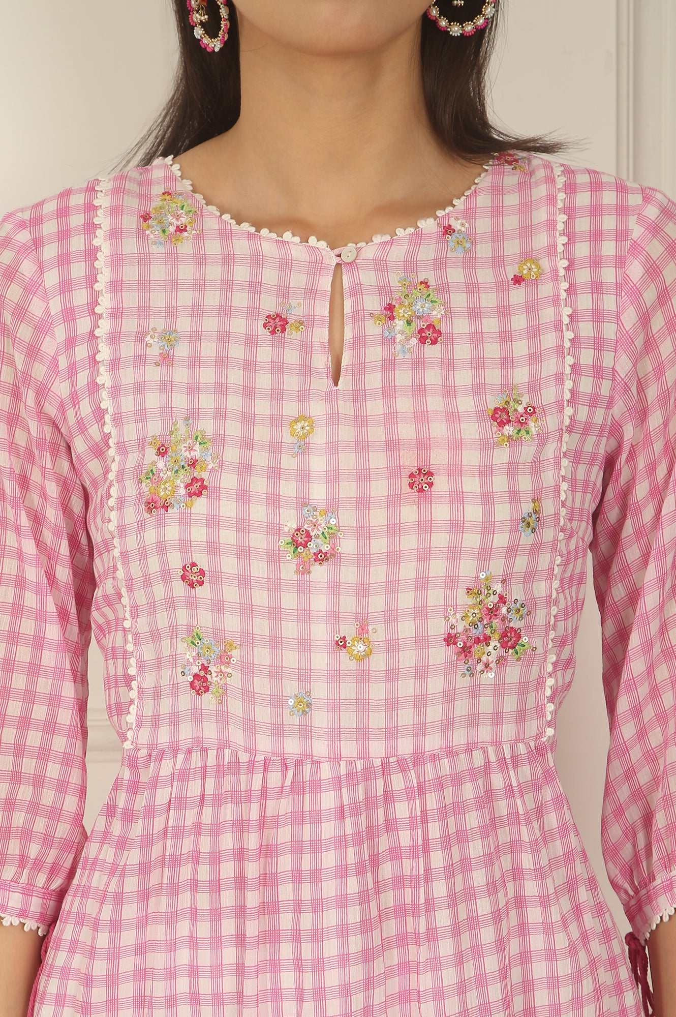 Pink and White Checker Cotton Crepe A-line Kurta with Embroidered Yoke