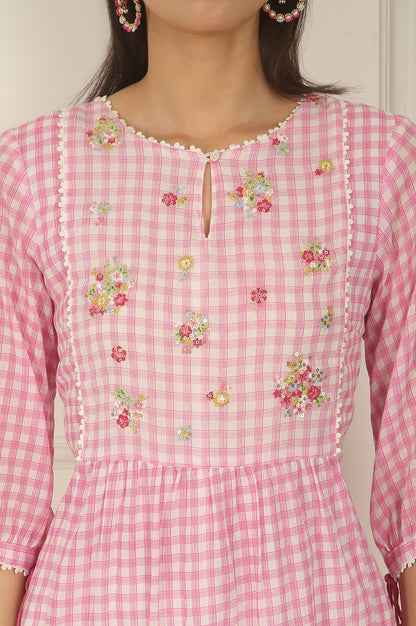Pink and White Checker Cotton Crepe A-line Kurta with Embroidered Yoke