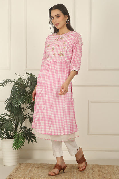 Pink and White Checker Cotton Crepe A-line Kurta with Embroidered Yoke