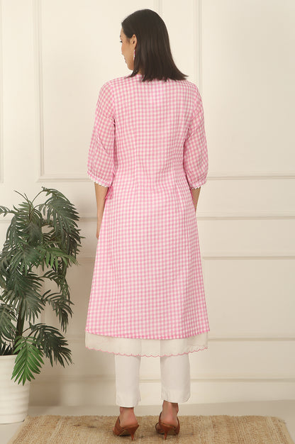 Pink and White Checker Cotton Crepe A-line Kurta with Embroidered Yoke