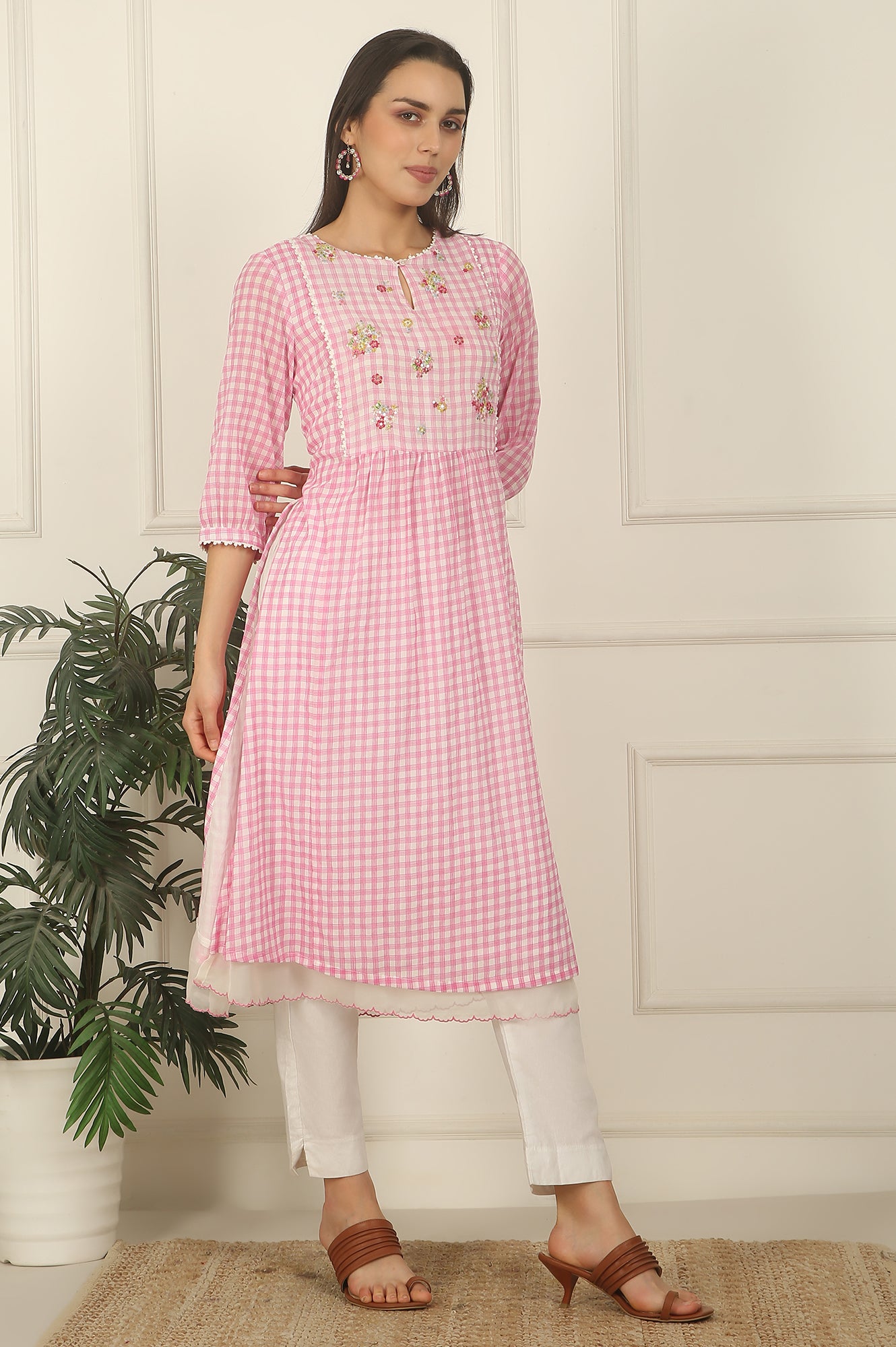 Pink and White Checker Cotton Crepe A-line Kurta with Embroidered Yoke