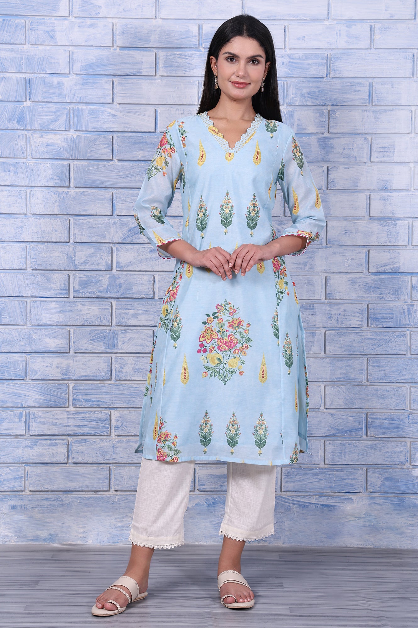 Blue Floral Printed Chanderi A-Line Kurta