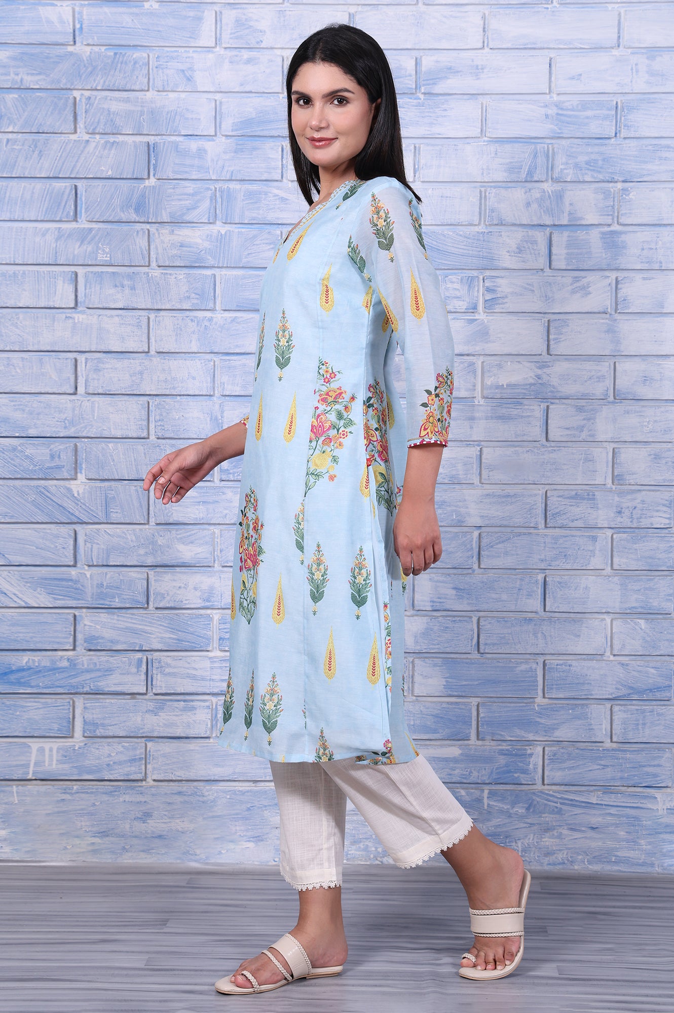 Blue Floral Printed Chanderi A-Line Kurta