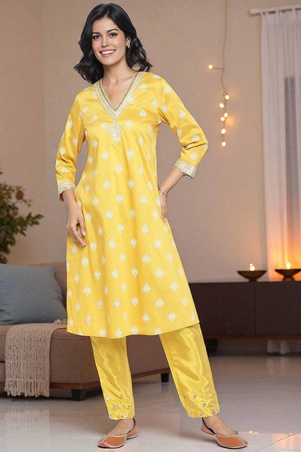 Mustard Yellow Printed A-line Kurta