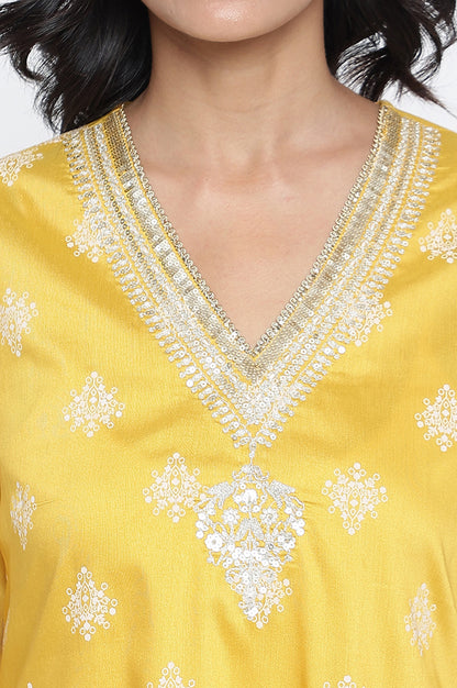 Mustard Yellow Printed A-line Kurta