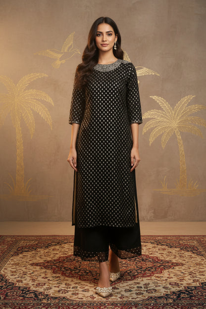 Black Glitter Printed Rayon Straight Kurta with Embroidered Neck