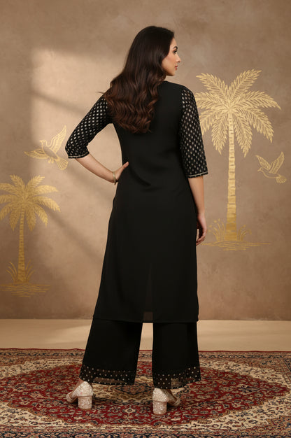 Black Glitter Printed Rayon Straight Kurta with Embroidered Neck