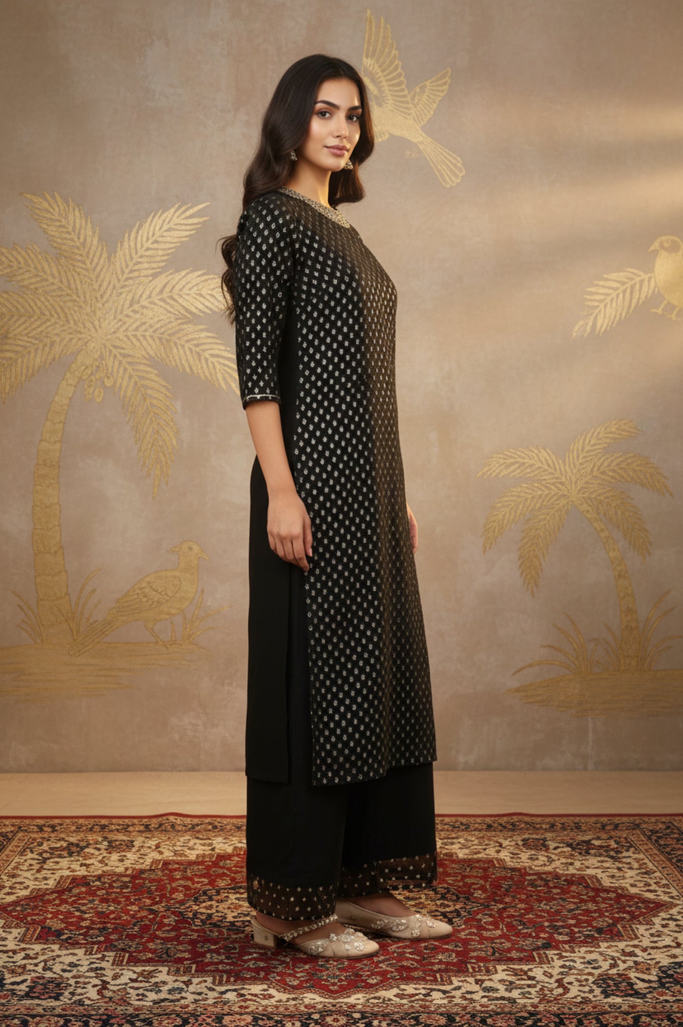 Black Glitter Printed Rayon Straight Kurta with Embroidered Neck
