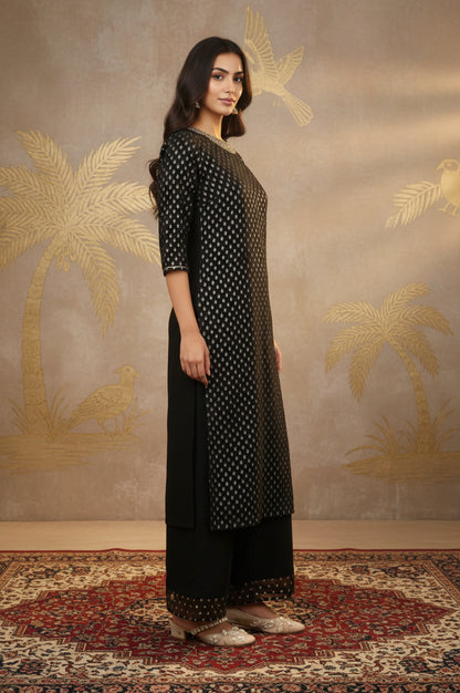 Black Glitter Printed Rayon Straight Kurta with Embroidered Neck