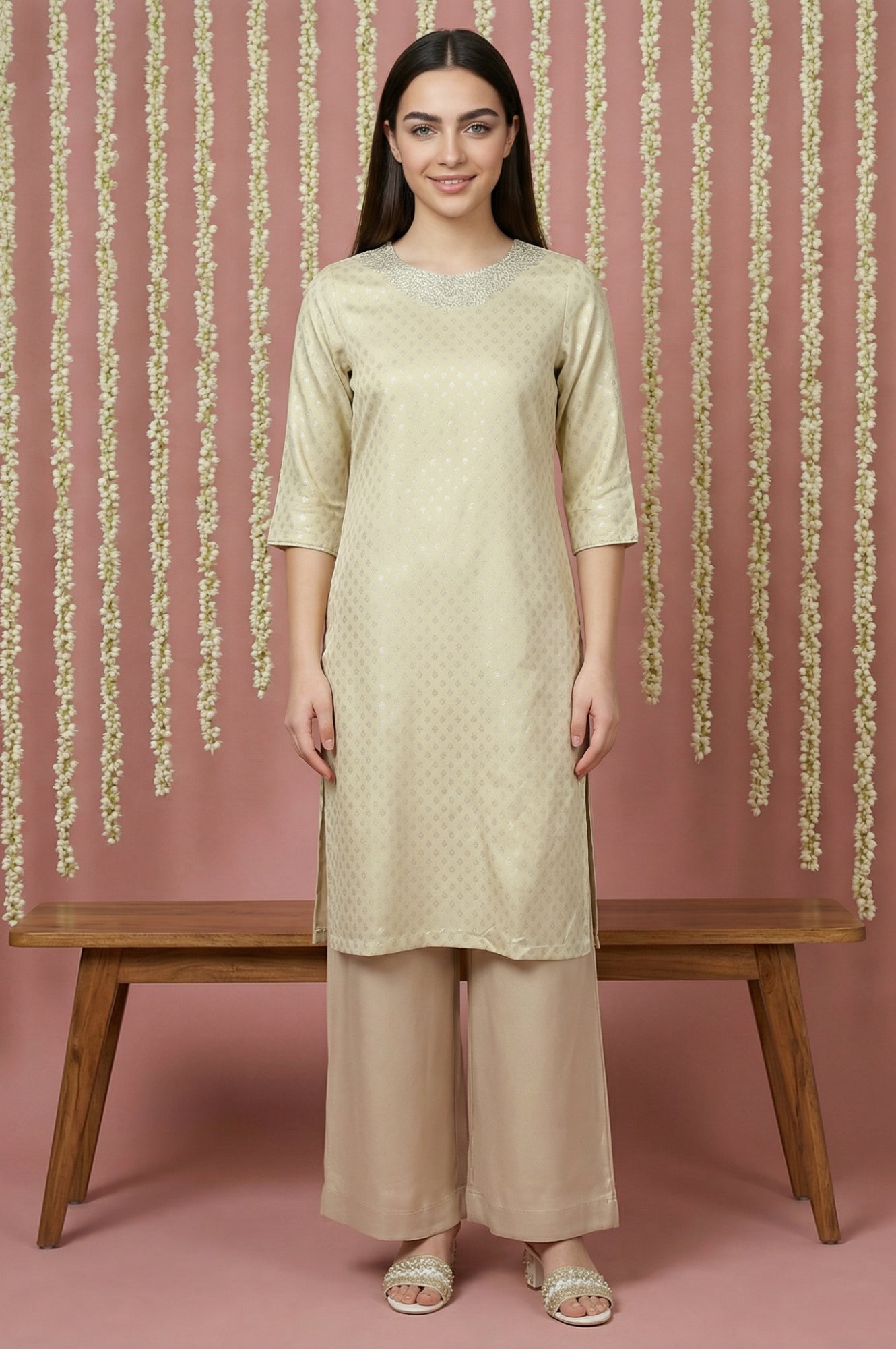 Mint Green Glitter Printed Rayon Straight Kurta with Embroidered Neck