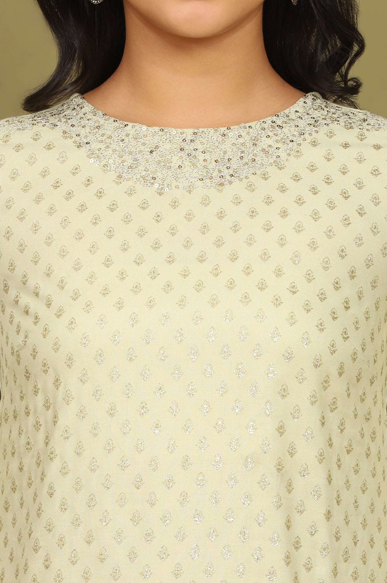 Mint Green Glitter Printed Rayon Straight Kurta with Embroidered Neck