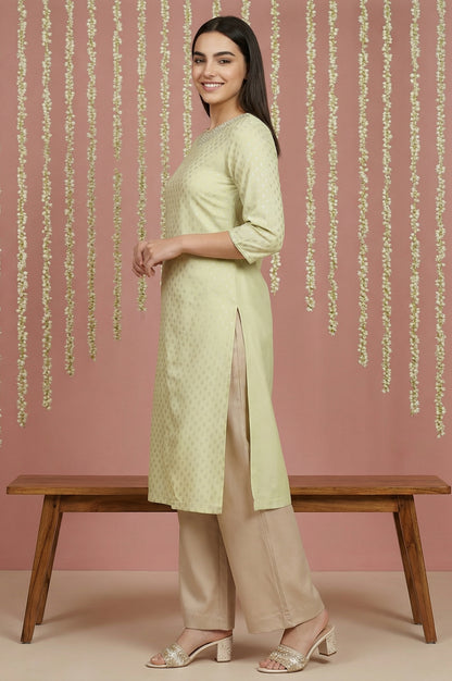 Mint Green Glitter Printed Rayon Straight Kurta with Embroidered Neck