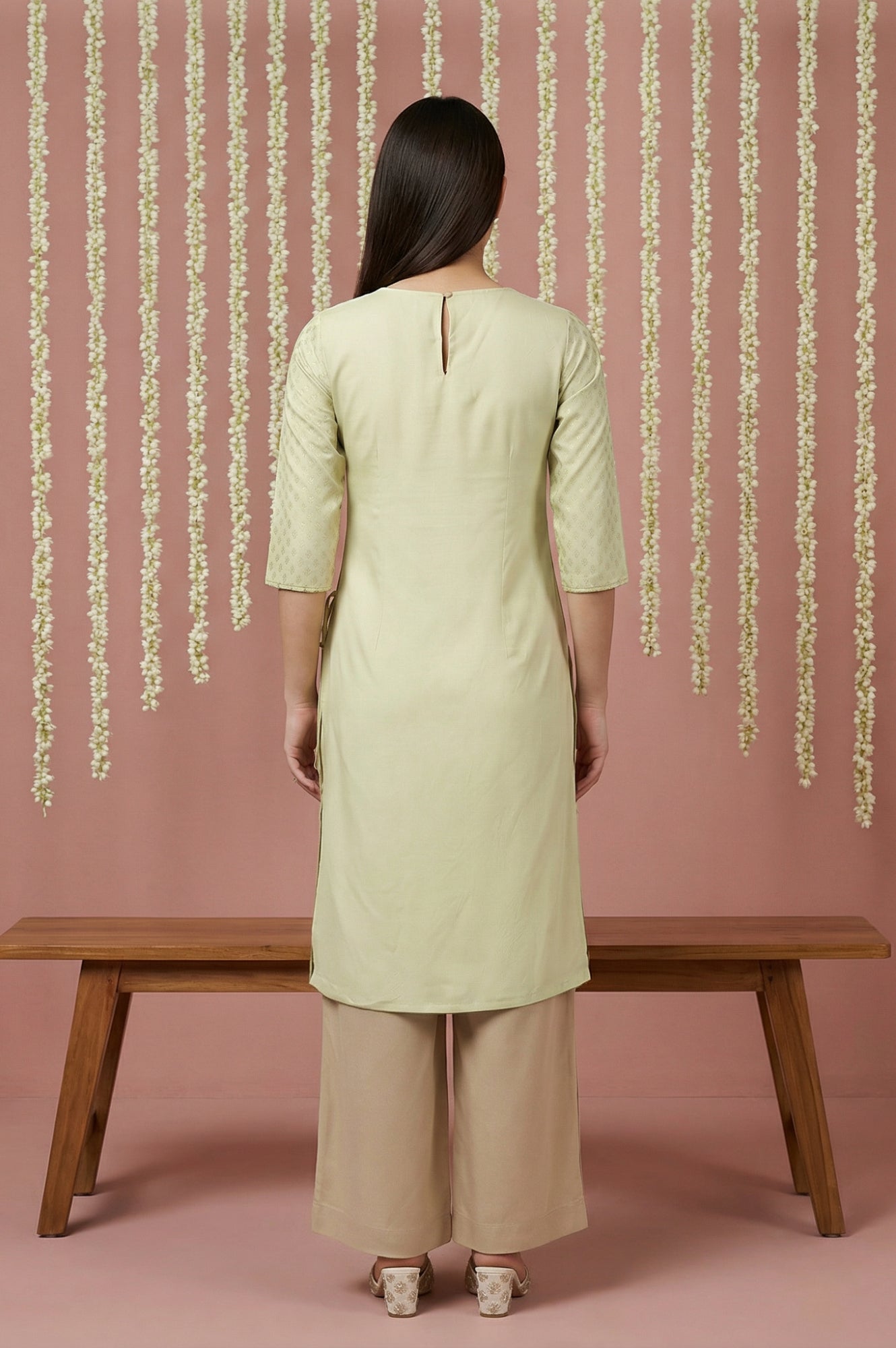 Mint Green Glitter Printed Rayon Straight Kurta with Embroidered Neck