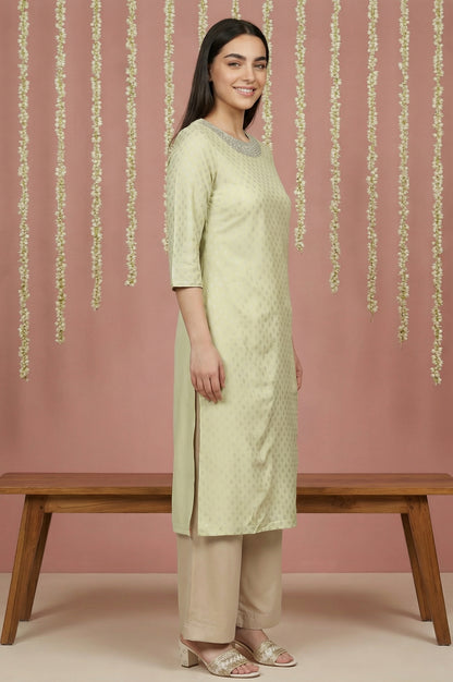 Mint Green Glitter Printed Rayon Straight Kurta with Embroidered Neck