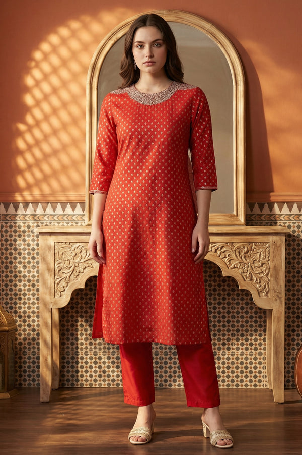 Maroon Glitter Printed Rayon Straight Kurta with Embroidered Neck