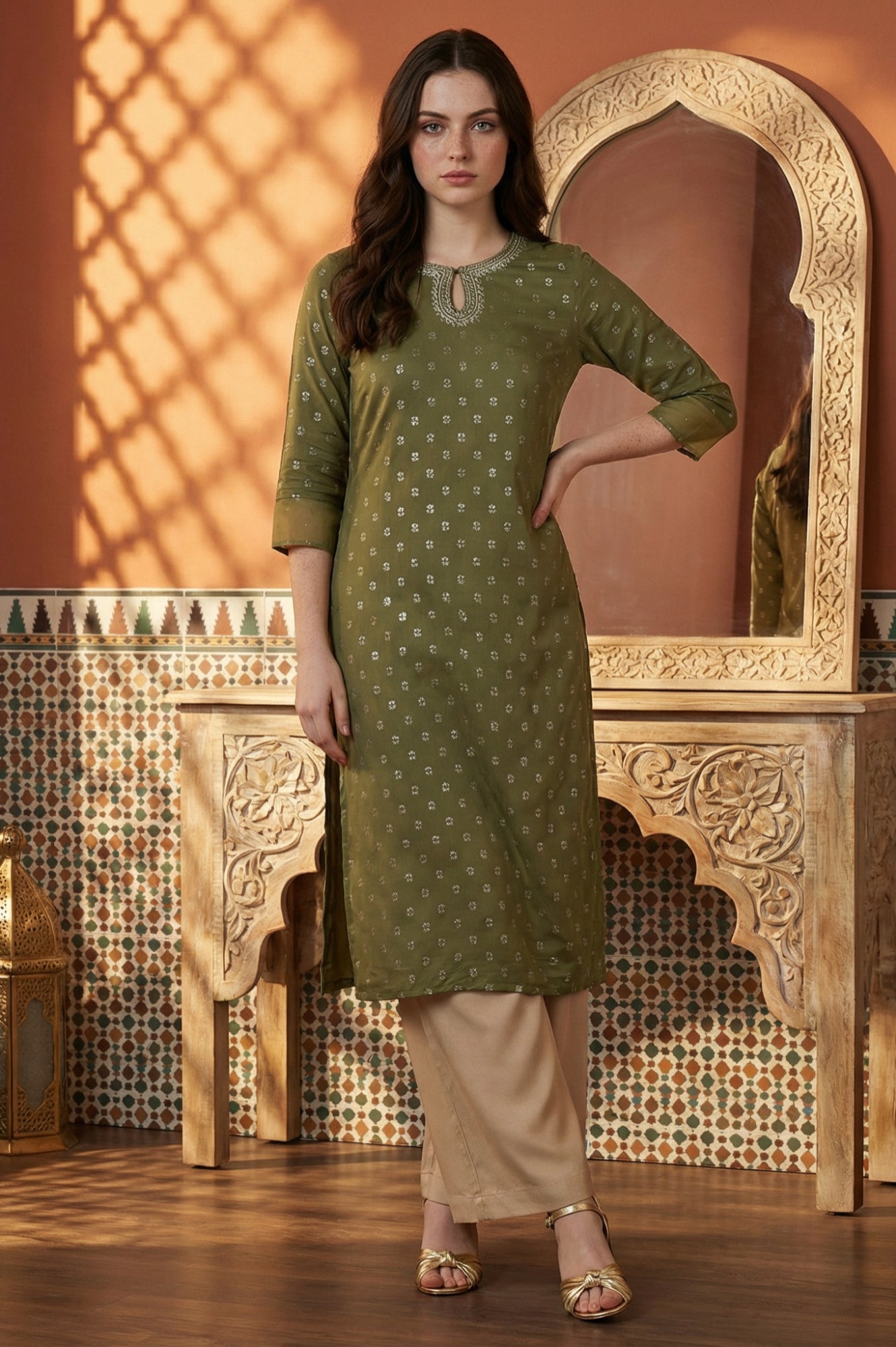 Green Glitter Printed Rayon Straight Kurta with Embroidered Neck