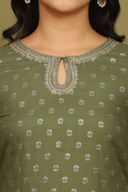 Green Glitter Printed Rayon Straight Kurta with Embroidered Neck