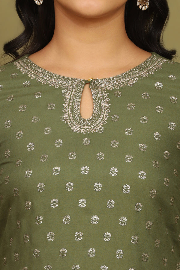 Green Glitter Printed Rayon Straight Kurta with Embroidered Neck