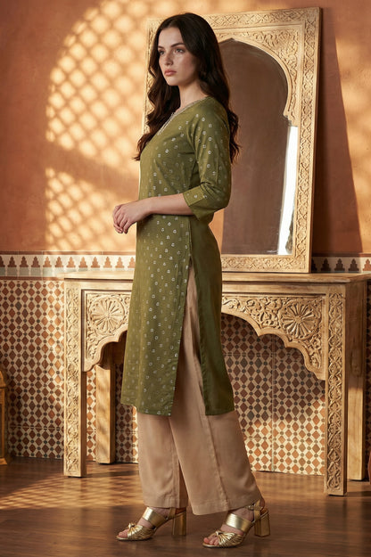 Green Glitter Printed Rayon Straight Kurta with Embroidered Neck