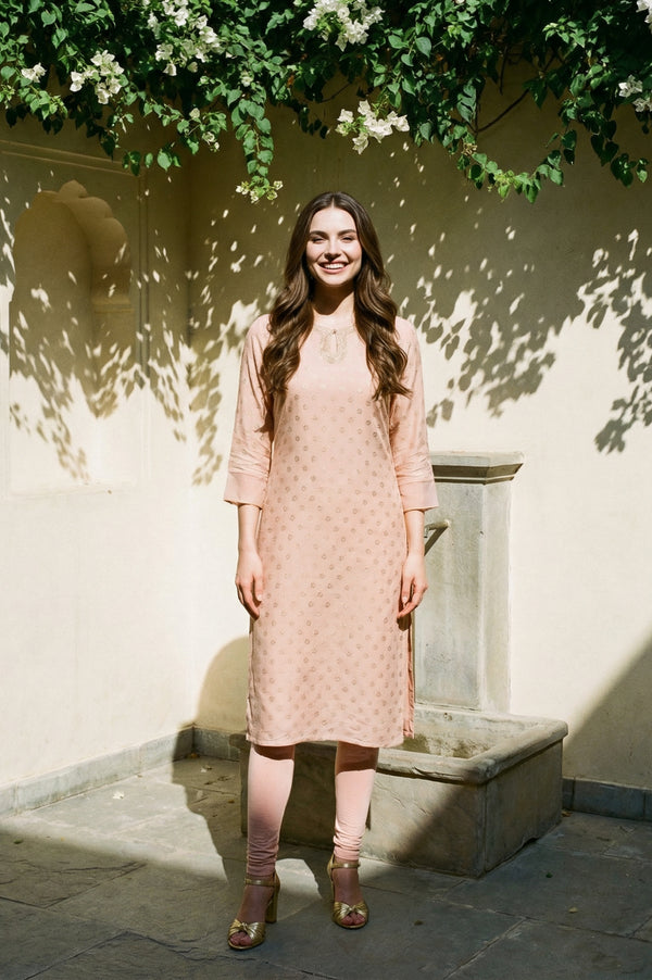 Peach Glitter Printed Rayon Straight Kurta with Embroidered Neck