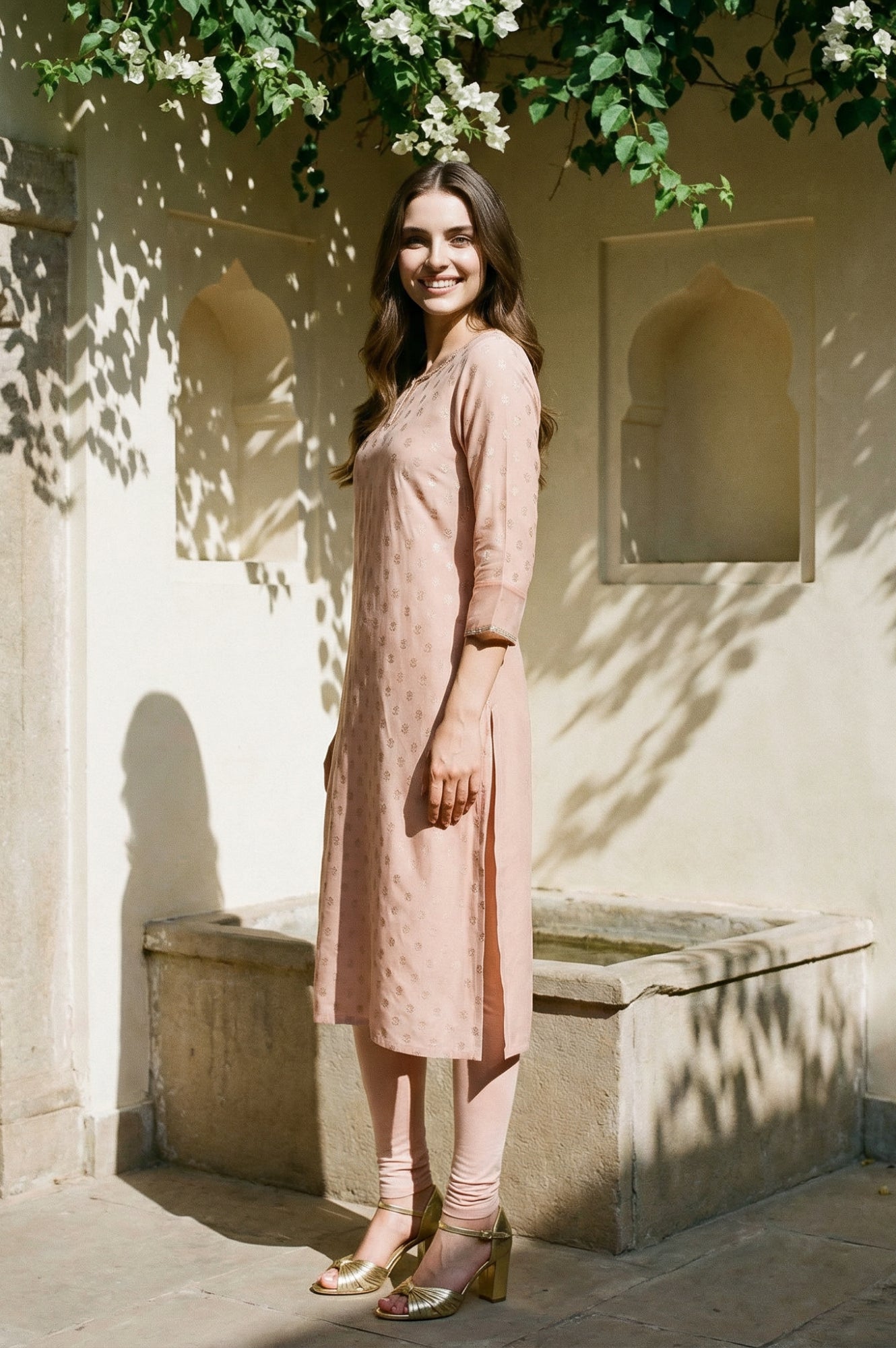 Peach Glitter Printed Rayon Straight Kurta with Embroidered Neck