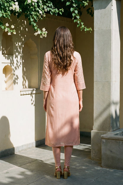 Peach Glitter Printed Rayon Straight Kurta with Embroidered Neck