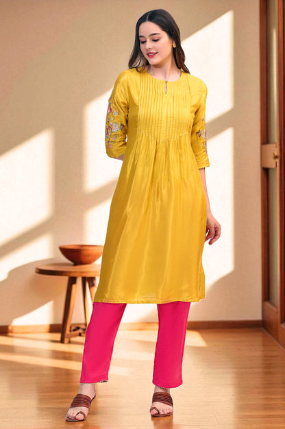 Yellow Embroidered Shantung Straight Kurta