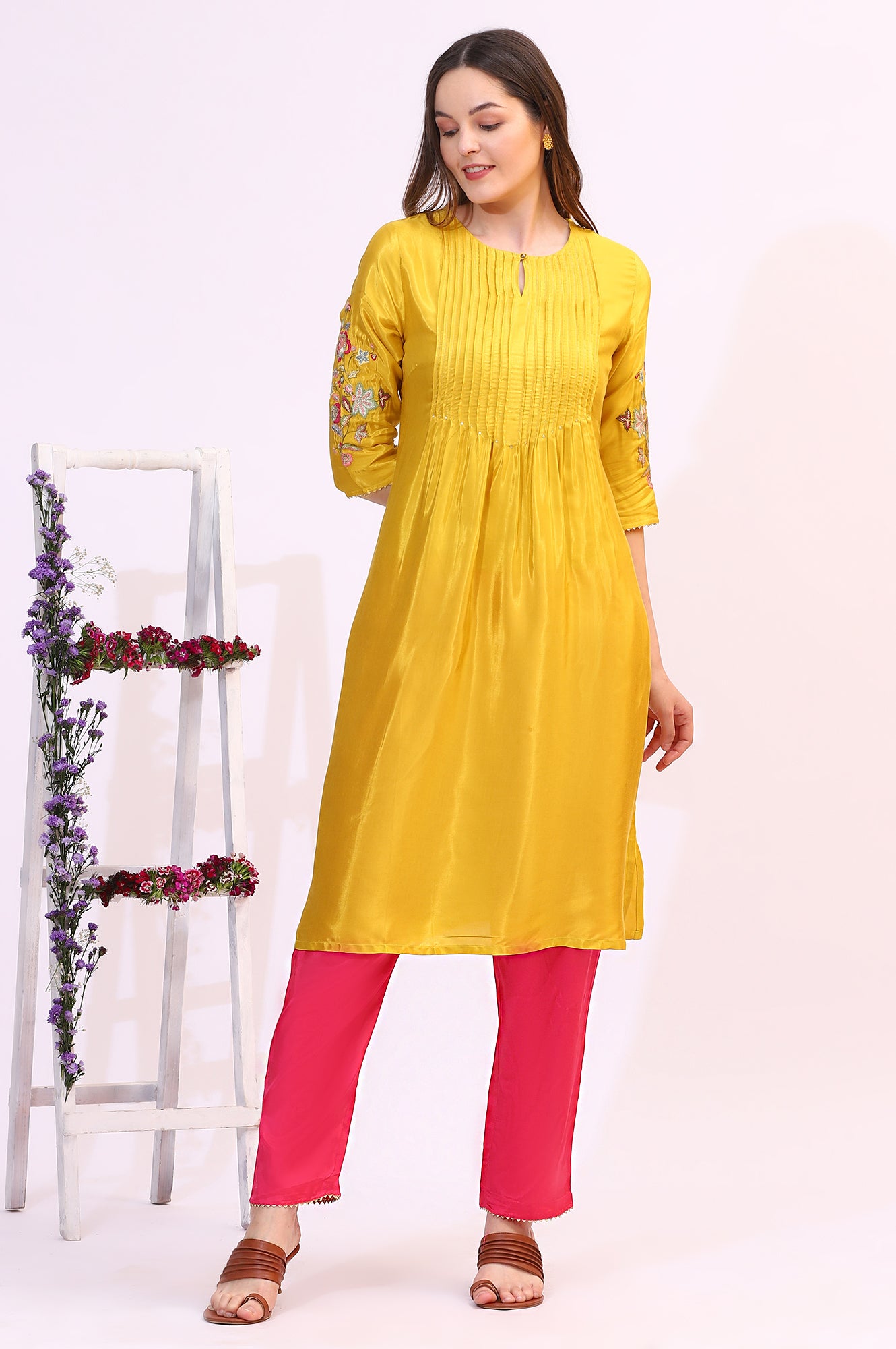 Yellow Embroidered Shantung Straight Kurta