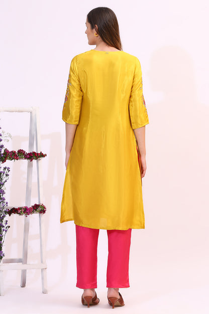 Yellow Embroidered Shantung Straight Kurta