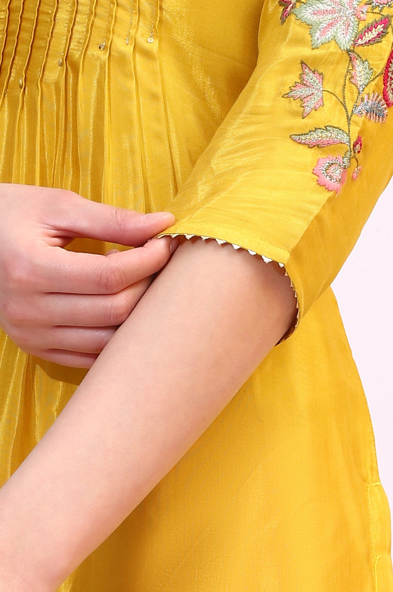 Yellow Embroidered Shantung Straight Kurta