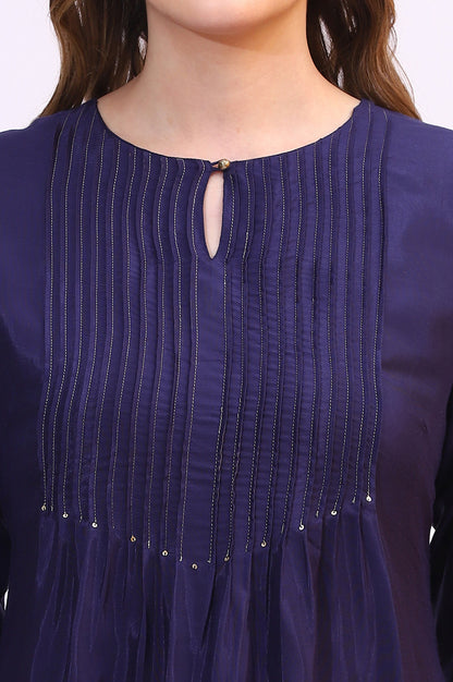 Navy Blue Embroidered Shantung Straight Kurta