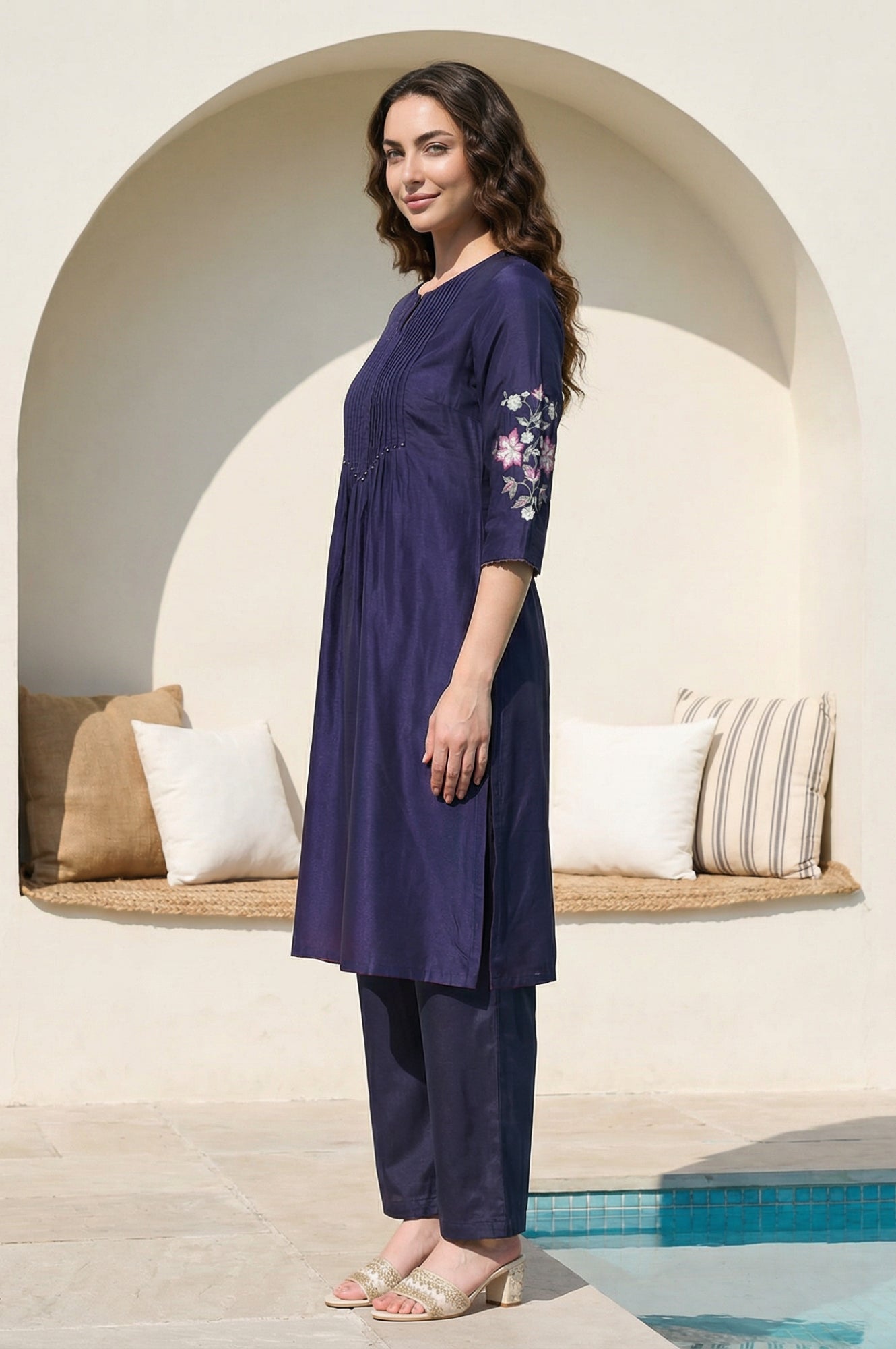 Navy Blue Embroidered Shantung Straight Kurta