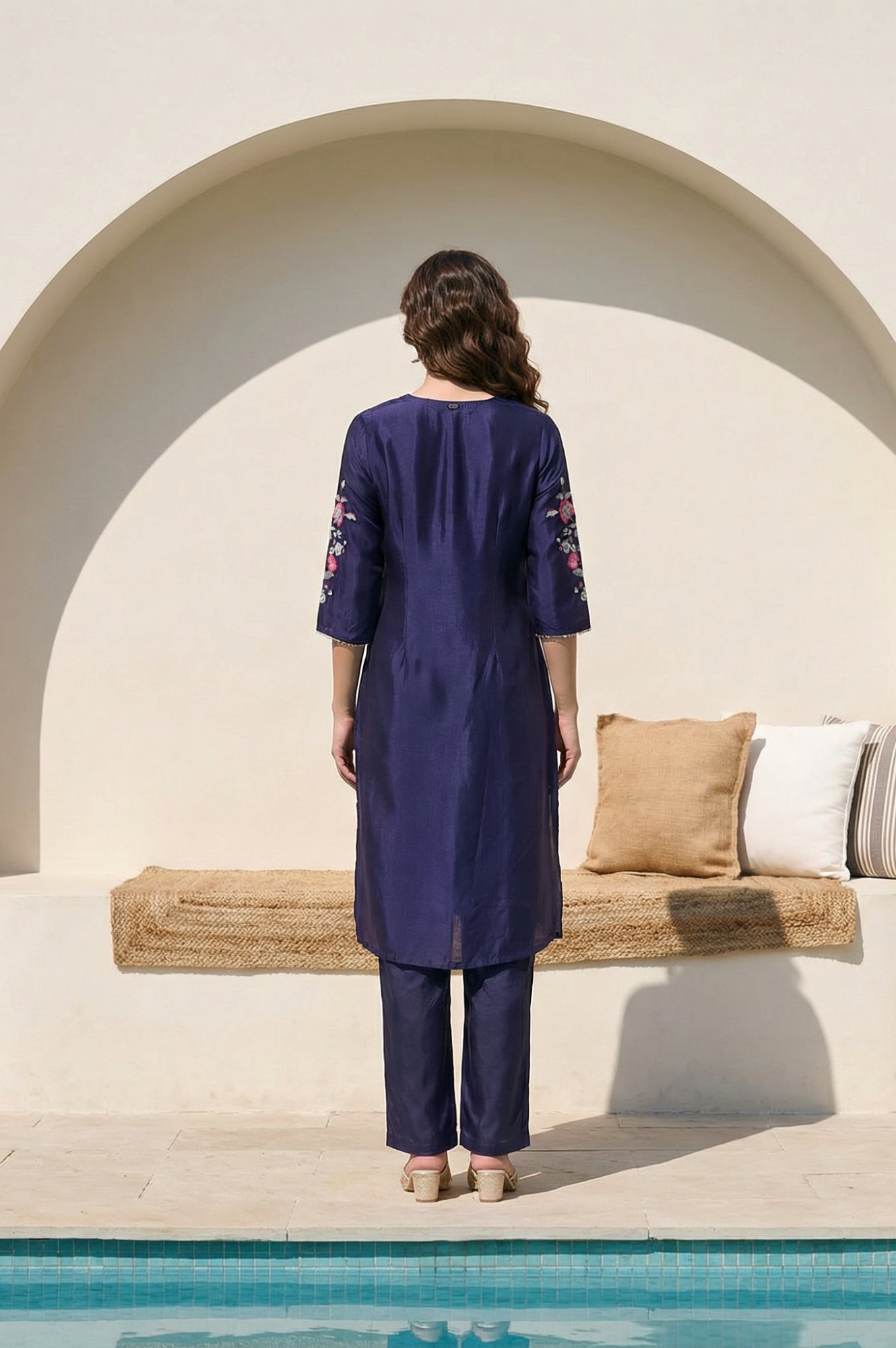 Navy Blue Embroidered Shantung Straight Kurta