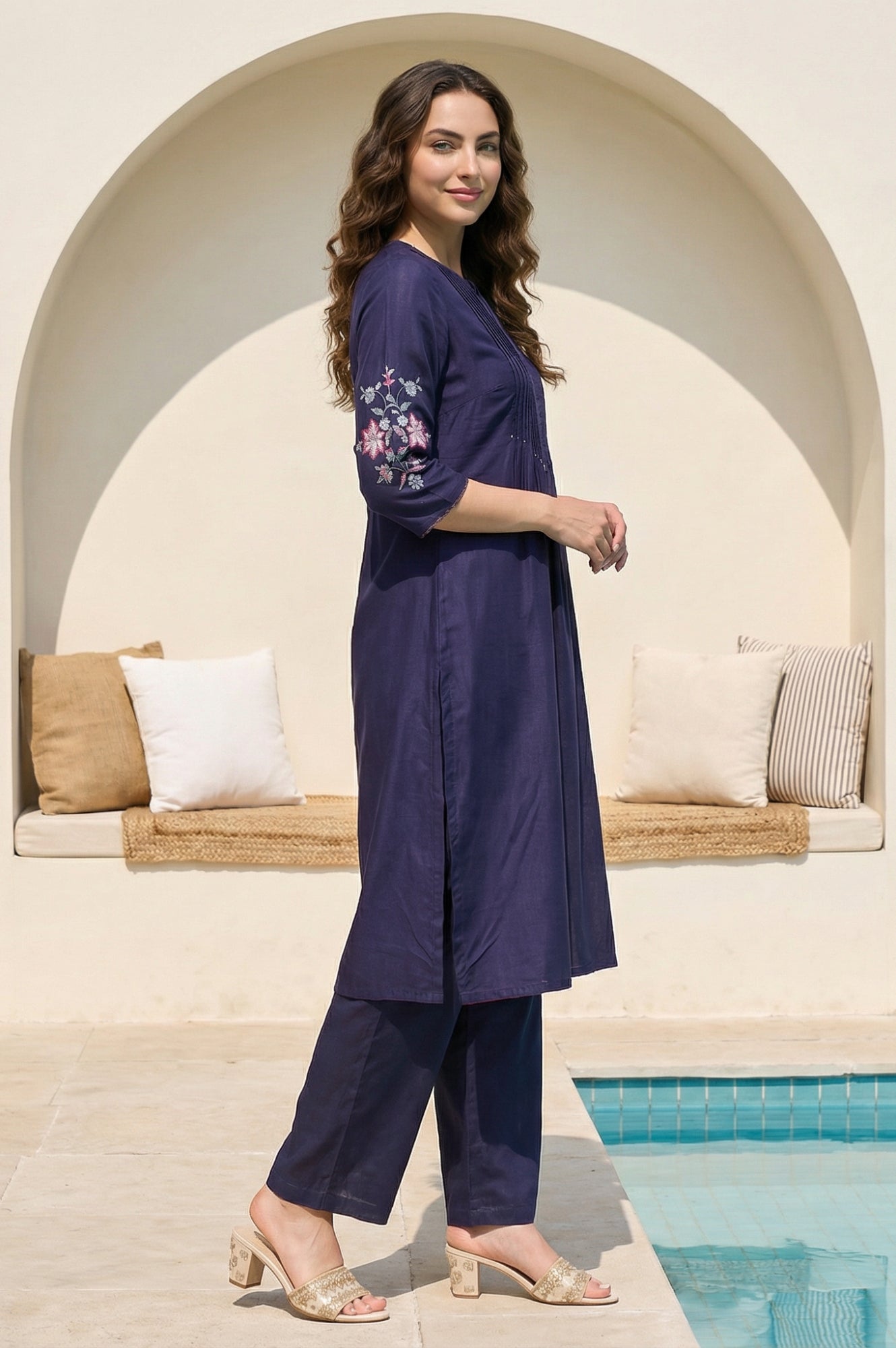 Navy Blue Embroidered Shantung Straight Kurta