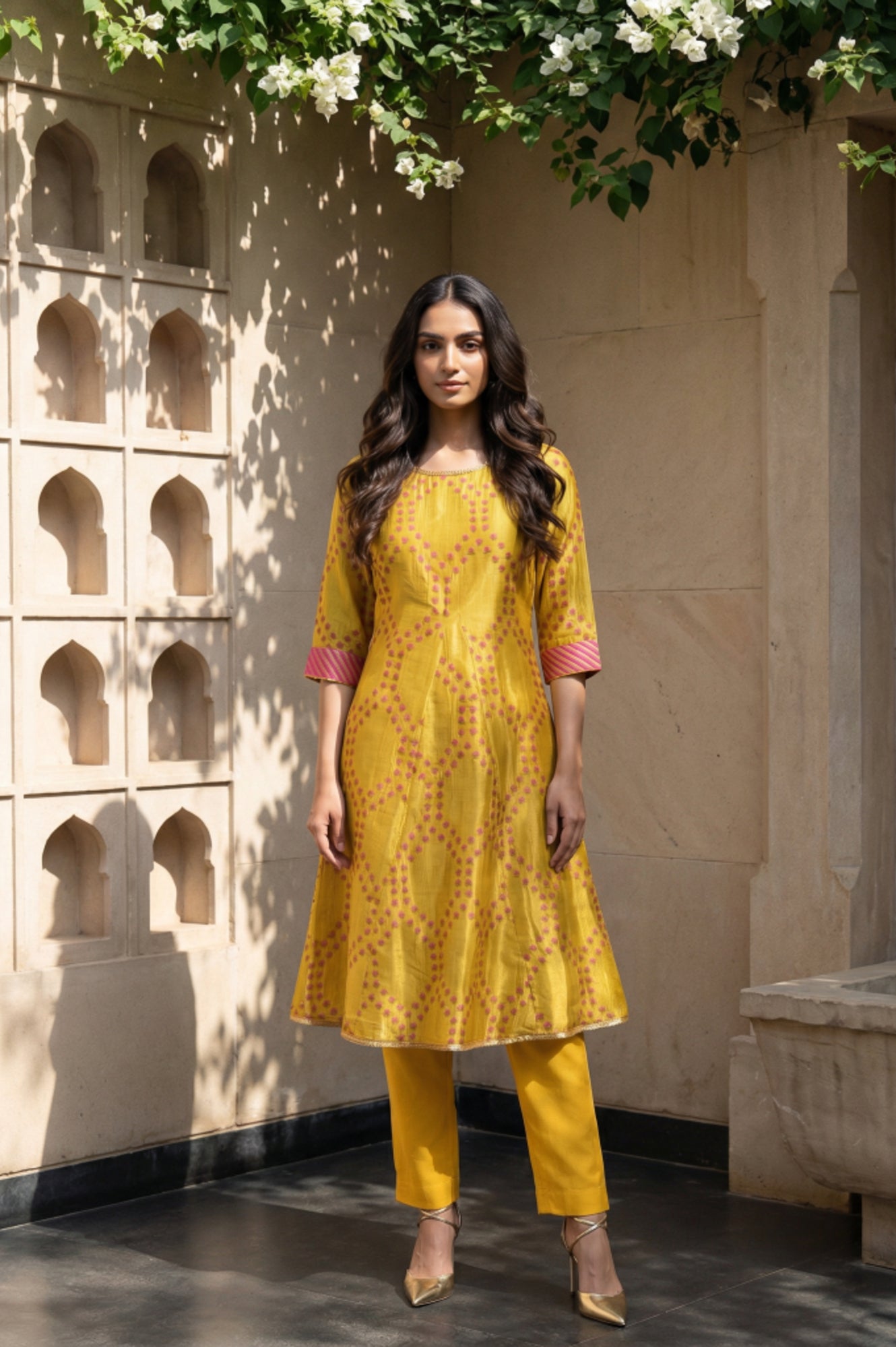 Marigold Yellow Floral Printed Straight Shantung Kurta