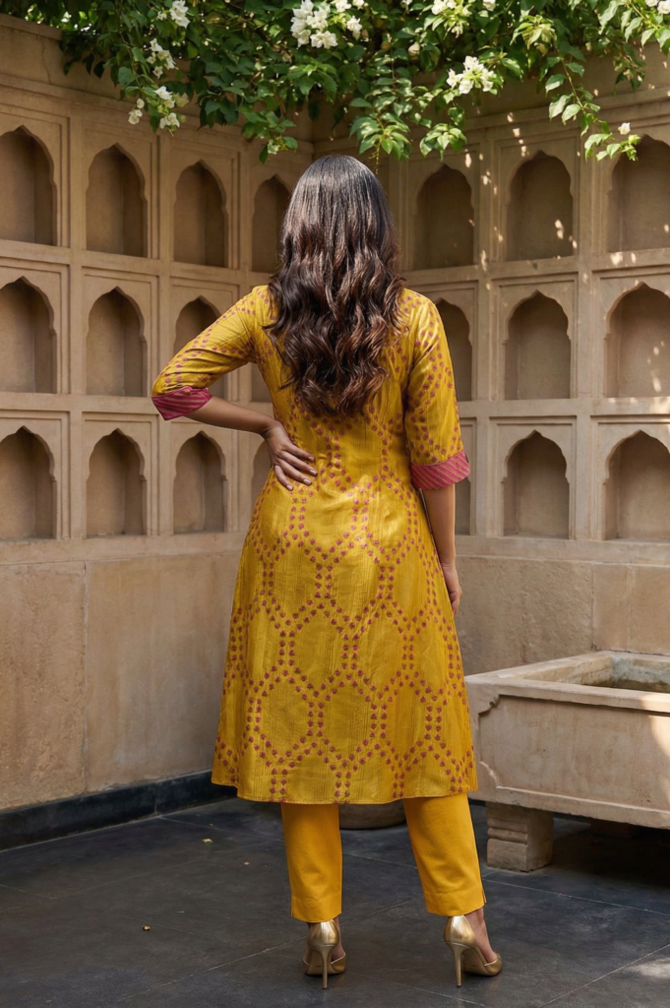 Marigold Yellow Floral Printed Straight Shantung Kurta