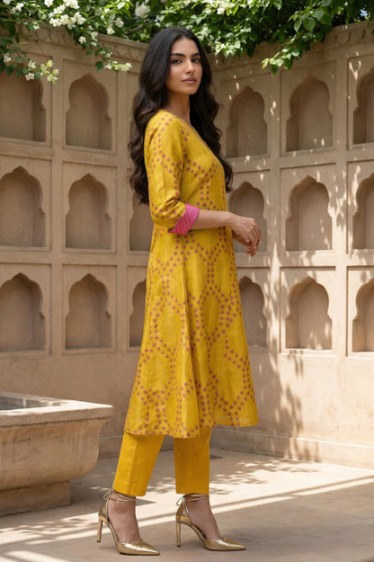 Marigold Yellow Floral Printed Straight Shantung Kurta