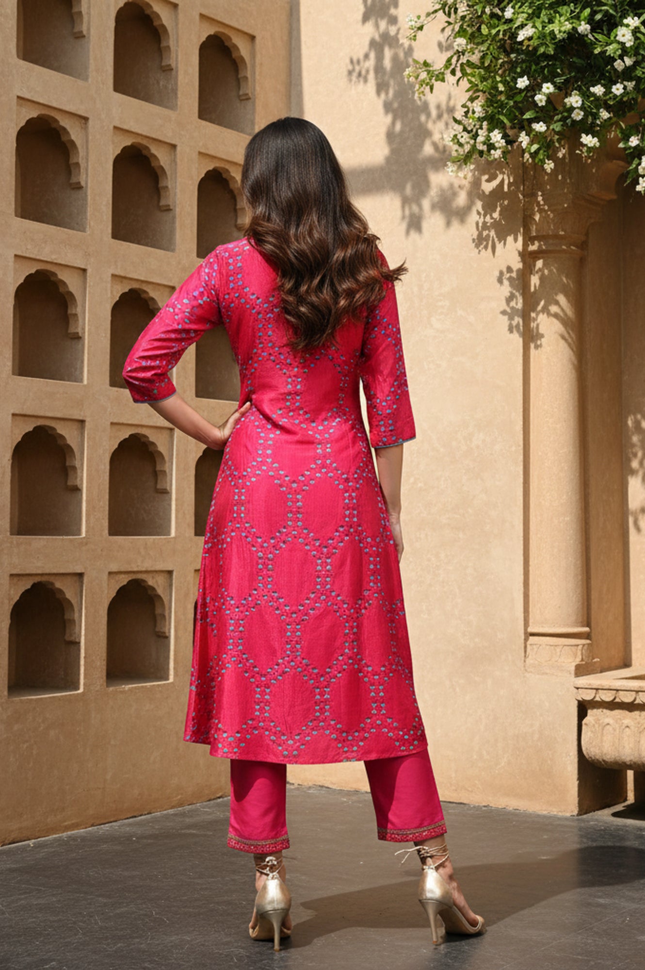 Pink Floral Printed Straight Shantung Kurta