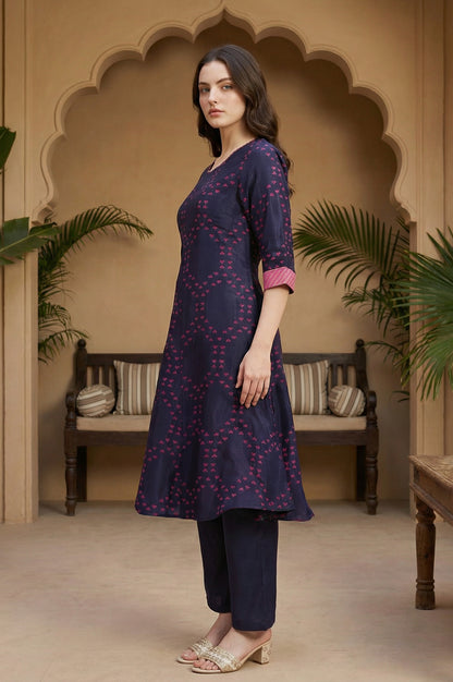 Blue Floral Printed Straight Shantung Kurta