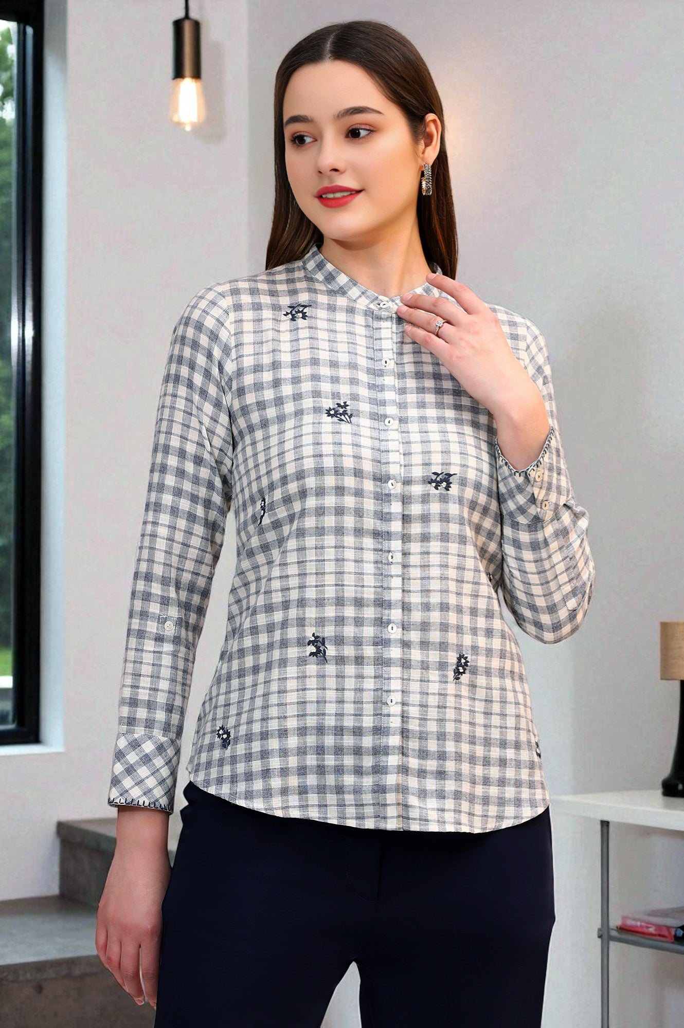 Off-White and Blue Checker Thread Embroidered Cotton Flax Shirt