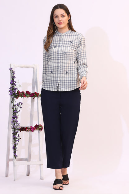 Off-White and Blue Checker Thread Embroidered Cotton Flax Shirt