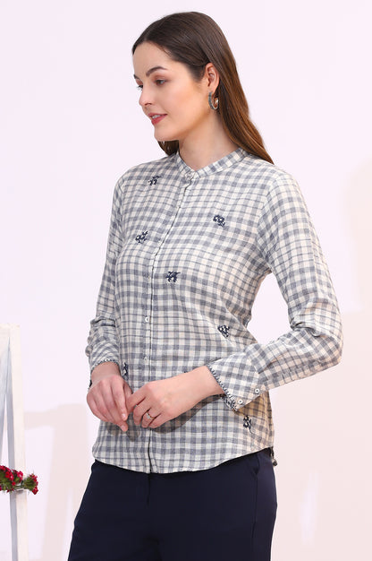 Off-White and Blue Checker Thread Embroidered Cotton Flax Shirt