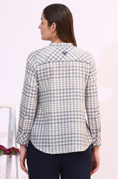 Off-White and Blue Checker Thread Embroidered Cotton Flax Shirt