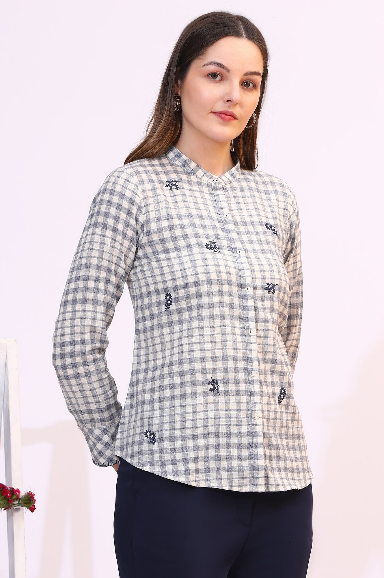Off-White and Blue Checker Thread Embroidered Cotton Flax Shirt
