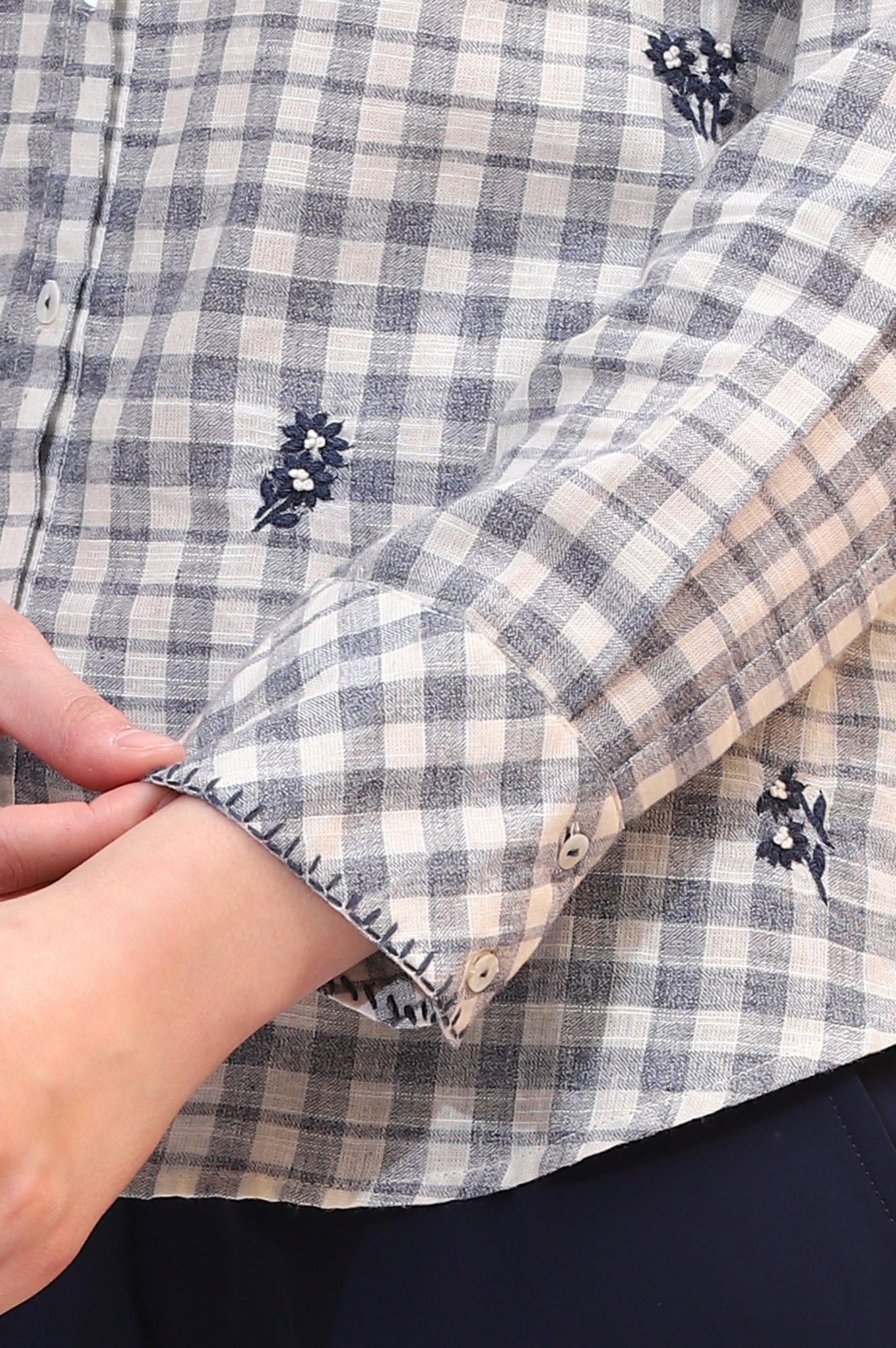 Off-White and Blue Checker Thread Embroidered Cotton Flax Shirt