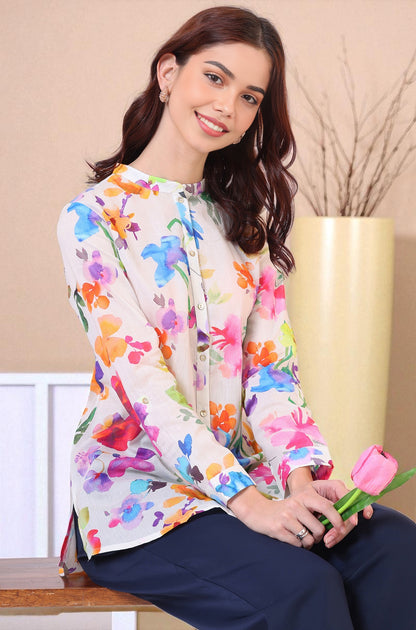 Multicolor Floral Printed Straight Pure Cotton Top